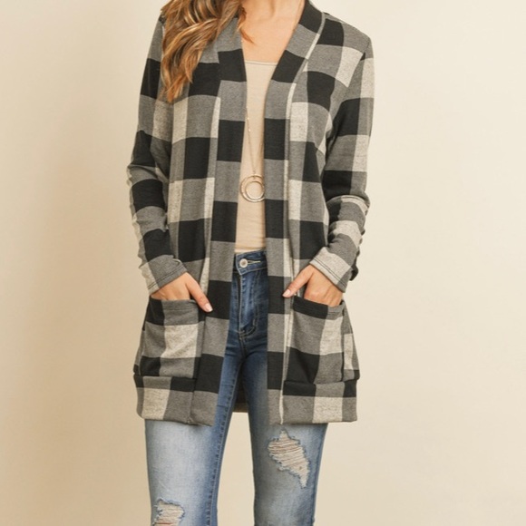 Black Plaid Open Front Cardigan - Picture 2 of 5